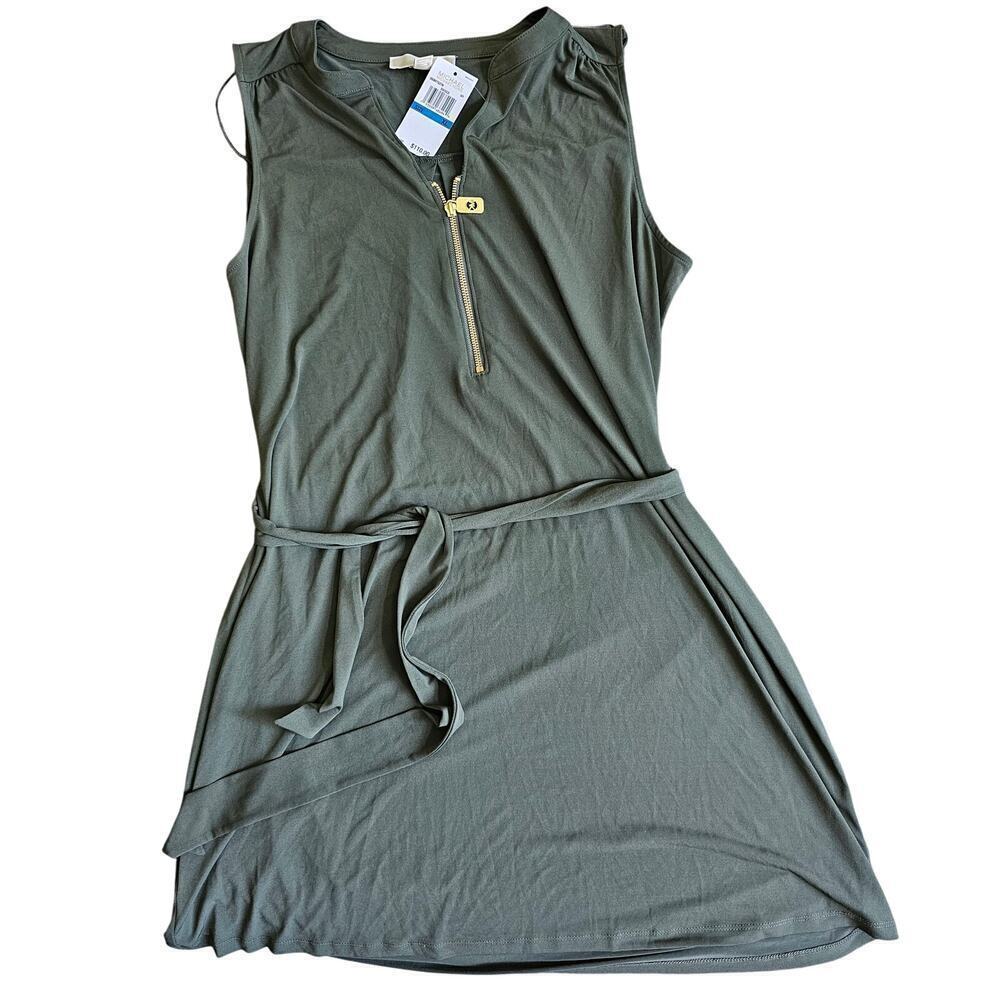 NWT MICHAEL Michael Kors Green Sleeveless Collar Gold Tone Zipper Midi Dress XL